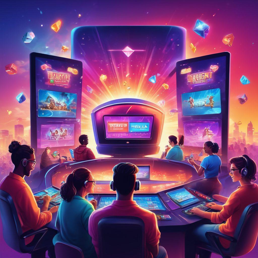 A colorful and vibrant illustration depicting a diverse group of people joyfully engaged in virtual betting, surrounded by gaming screens showcasing various games and odds. The setting is lively, with digital elements like virtual chips and animated graphics floating around, capturing the thrill of gaming. Include symbols of contentment like smiles and heart icons to emphasize happiness. Bright, engaging colors to elicit excitement. vector art. vibrant colors.