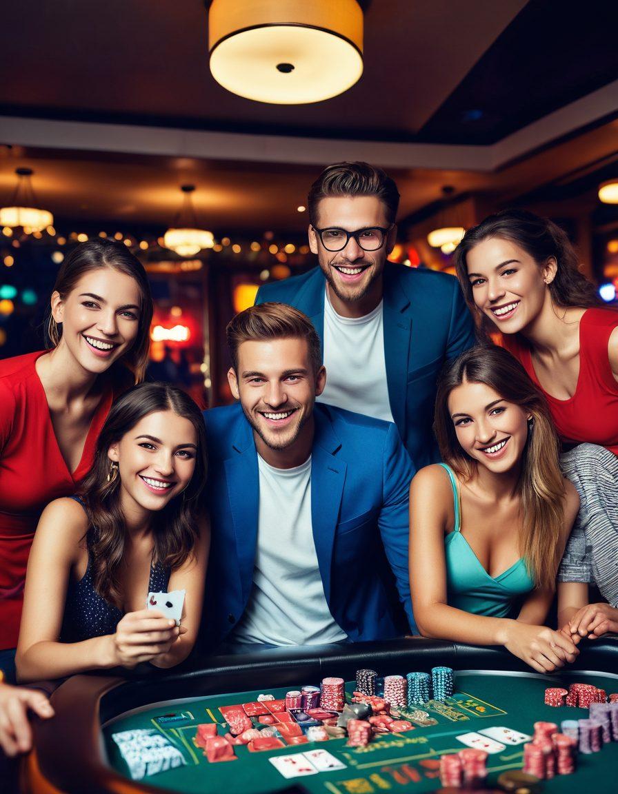A lively scene depicting a diverse group of friends joyfully celebrating together in a cozy, stylish online gambling setting. The room is filled with colorful lights, showcasing various gaming devices like laptops and tablets. Emphasize their expressions of thrill and excitement as they win, and include elements like poker chips, playing cards, and virtual slot machines in the background. The atmosphere should convey a sense of camaraderie and happiness. vibrant colors. super-realistic.