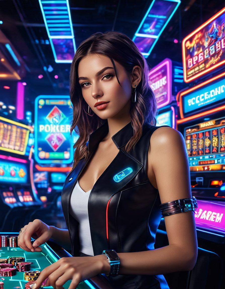 A dynamic digital landscape showcasing vibrant neon lights and a bustling online casino atmosphere, featuring a diverse group of players engaging in various gambling activities like poker, slots, and sports betting. Add elements of cryptocurrency symbols subtly woven into the design, symbolizing staking and fortune. Infuse energy and excitement with animated confetti and glowing jackpots in the background. cyberpunk. vibrant colors. 3D.
